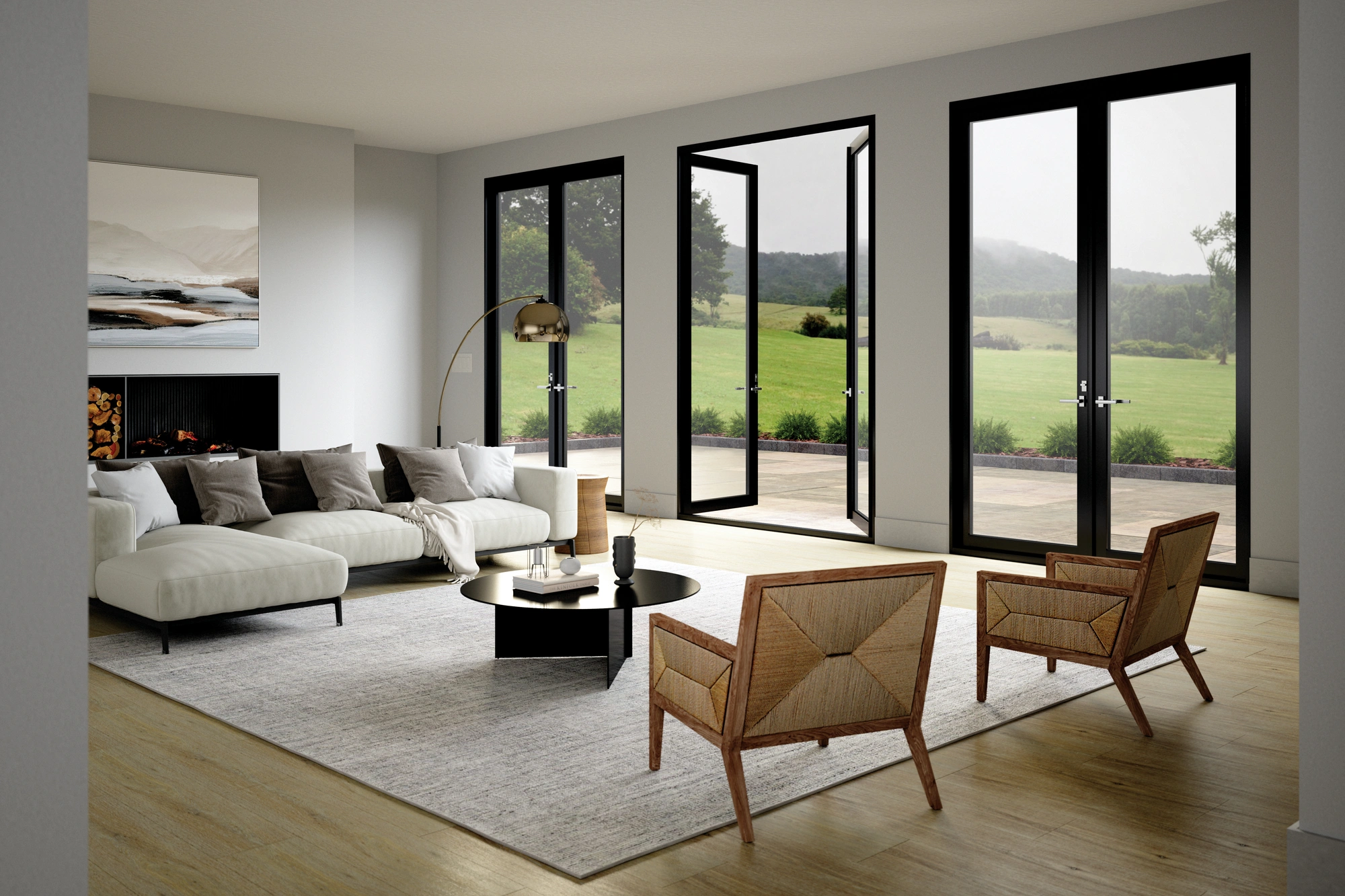 Contemporary living room with black-framed patio doors open to a scenic green landscape, highlighting the parts of a window frame in modern design