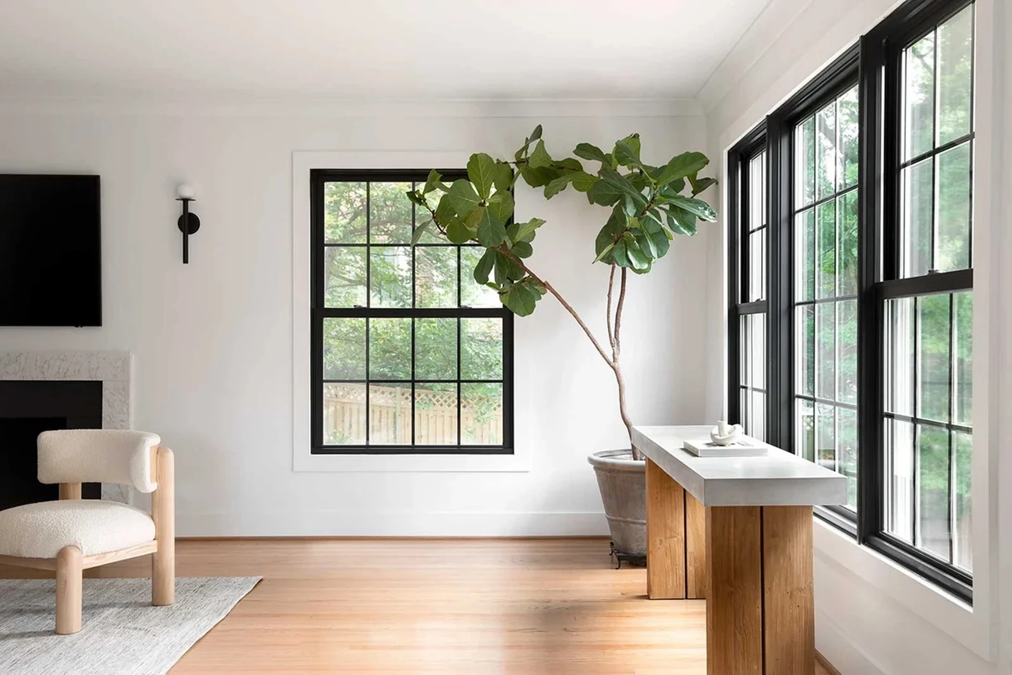 Bright modern living space featuring fiberglass windows with black frames, showcasing durability, clean lines, and natural light