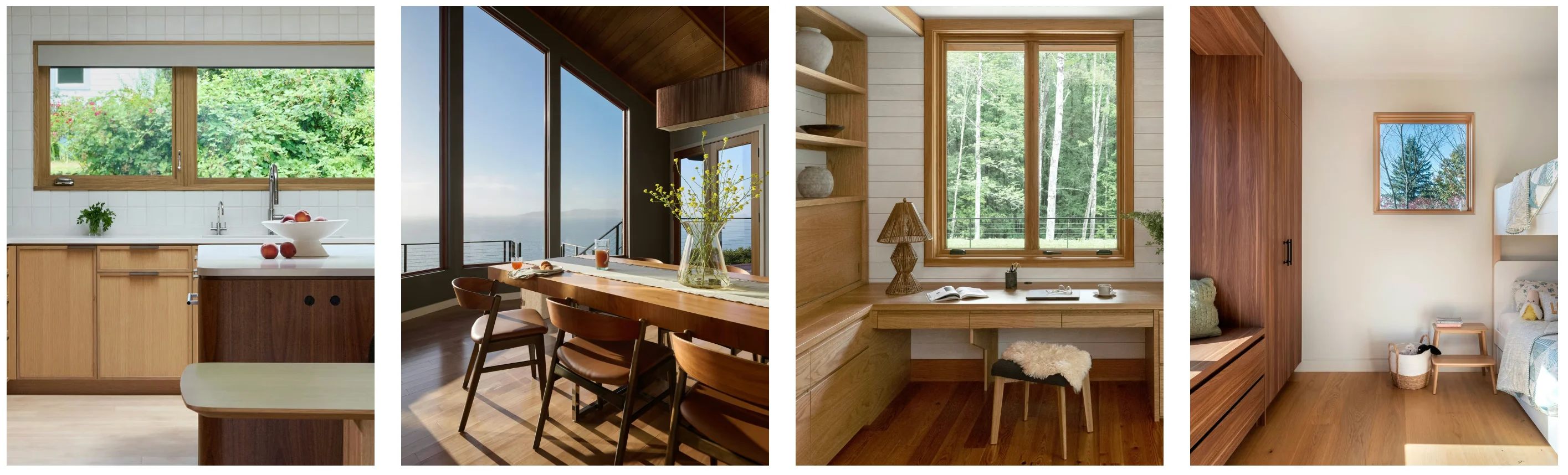 Image of Marvin Ultimate vs Elevate wood-framed windows shown across a kitchen, dining room, and home office