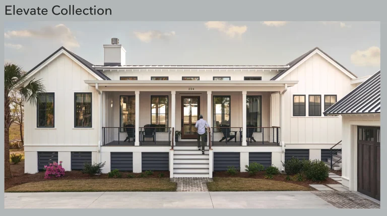 Image of Elevate Collection Marvin windows on white board and batten coastal farmhouse with porch