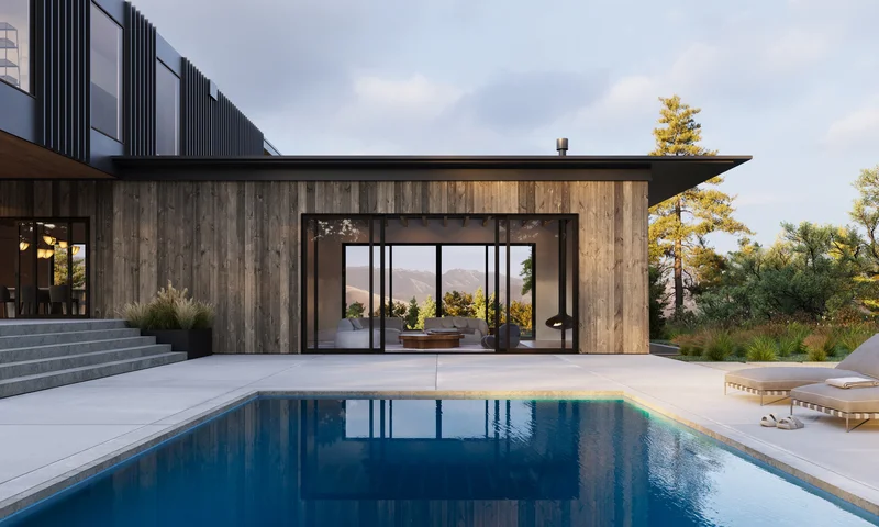 Image of modern sliding glass patio doors opening to a pool and outdoor living space