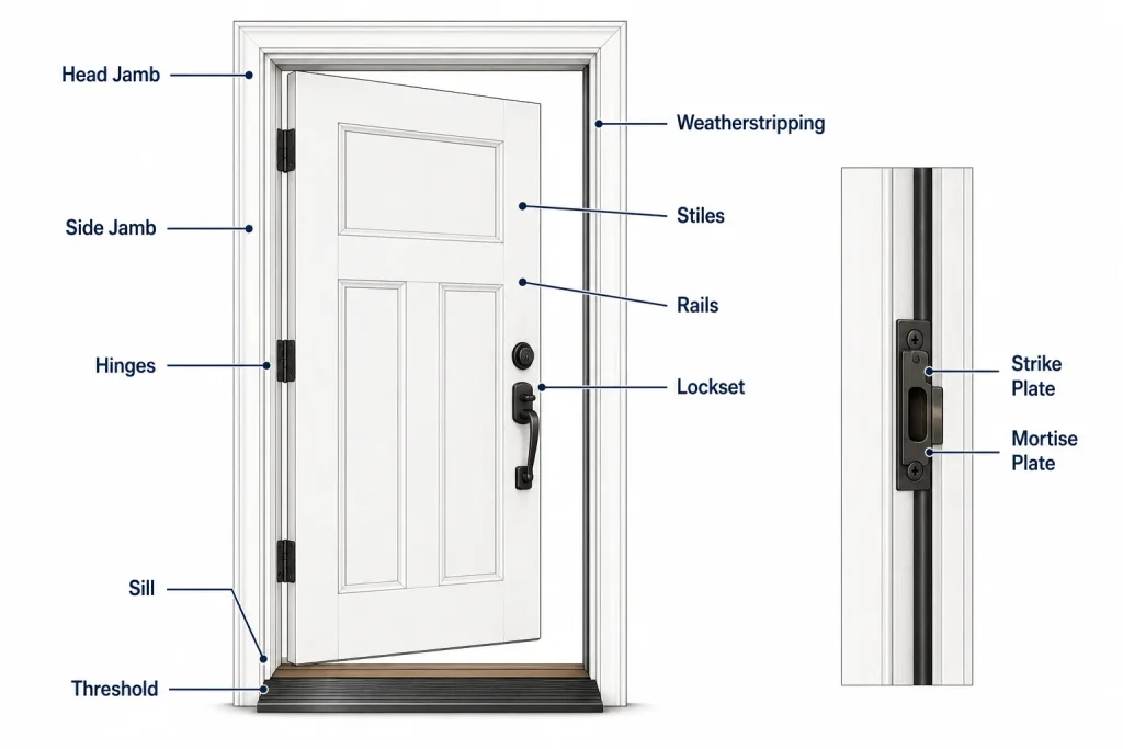 Diagram of parts of a door showing the frame, panel, hardware, and hinges