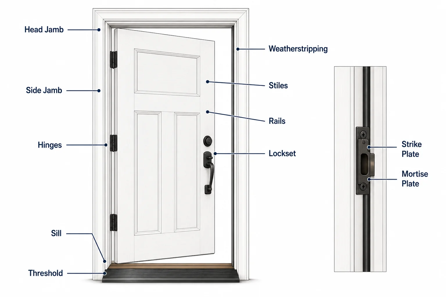 Diagram of parts of a door showing the frame, panel, hardware, and hinges