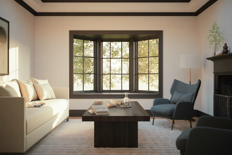 Image of a bay window with triple-pane glass in a sunlit living room