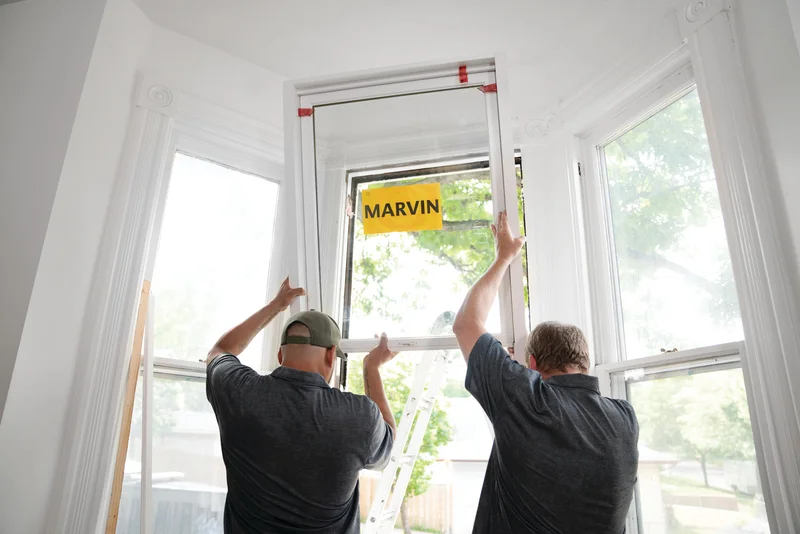 Image of a certified Marvin window installer team positioning a new window during installation