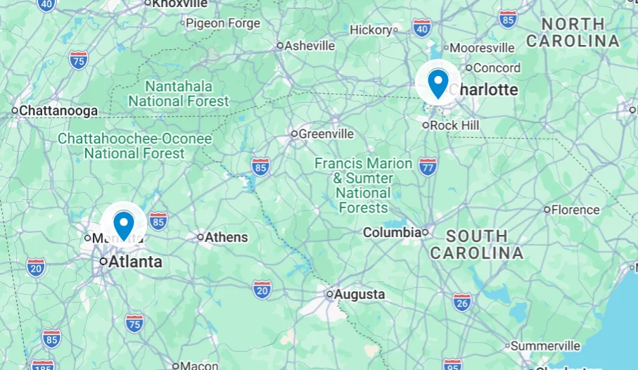 Image of a map showing Davis Window and Door service areas for Marvin window installation in Atlanta, Georgia and Charlotte, North Carolina