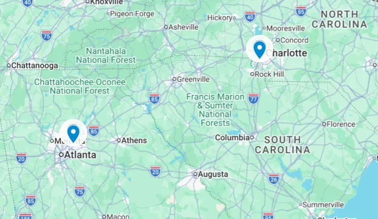 Image of a map showing Davis Window and Door service areas in Atlanta, Georgia and Charlotte, North Carolina