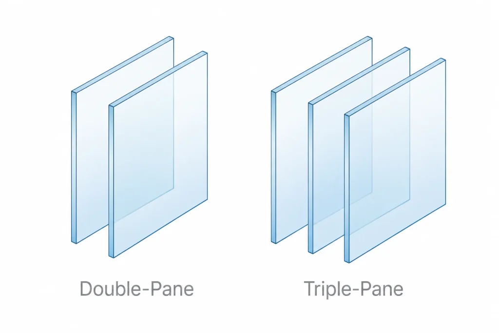 Infographic of double pane vs triple pane windows showing glass layers and insulating air gaps