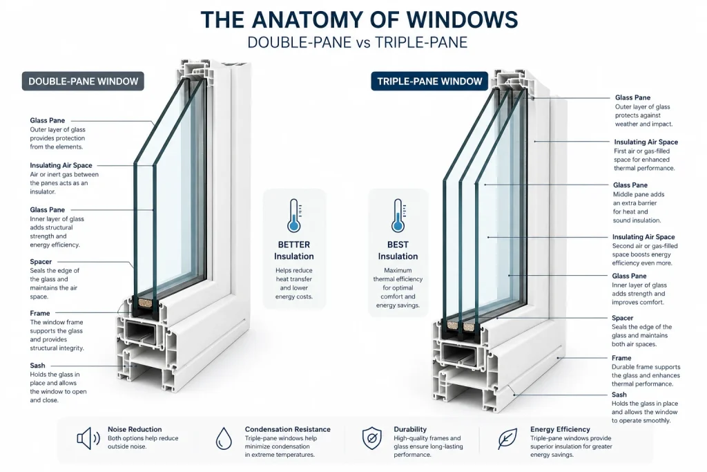Infographic of window anatomy comparing double-pane and triple-pane glass, spacer, and frame parts